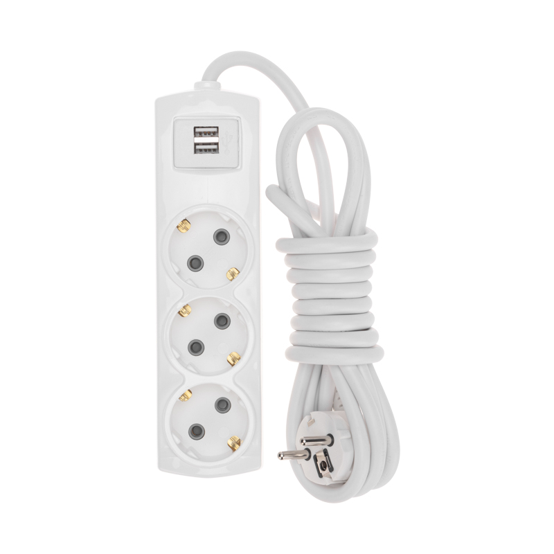 Удлинитель ПРЕМИУМ 3 гнезда, 3м, 3х1,5мм², с/з, 2 USB-разъема, белый REXANT — фото