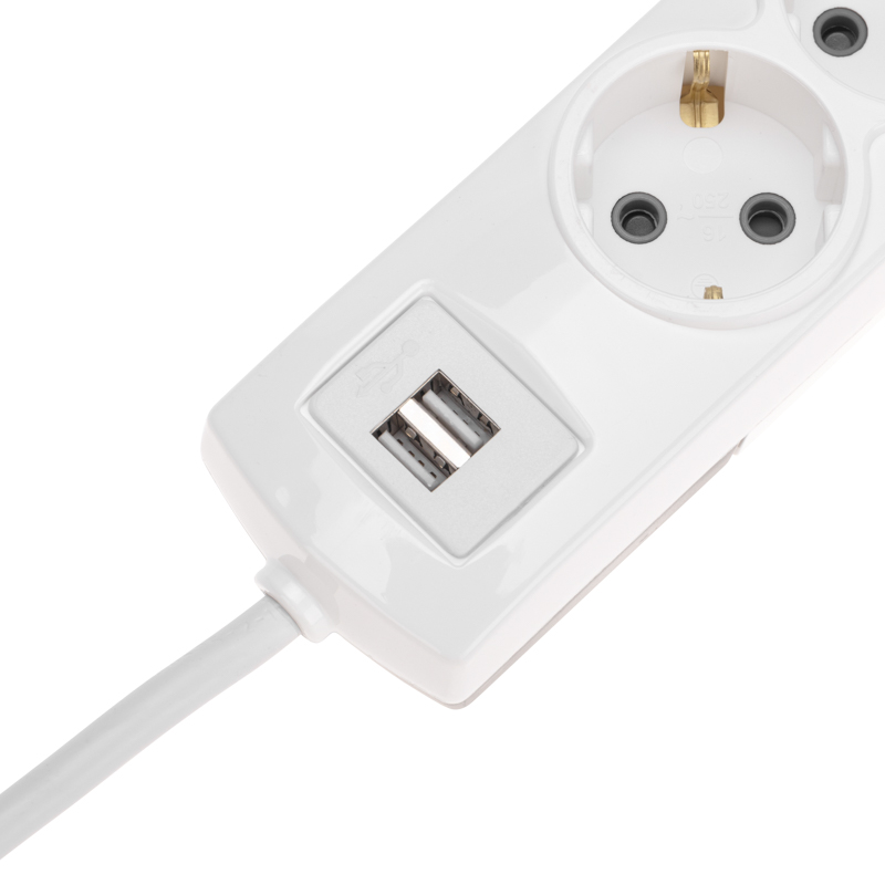Удлинитель ПРЕМИУМ 3 гнезда, 3м, 3х1,5мм², с/з, 2 USB-разъема, белый REXANT — фото