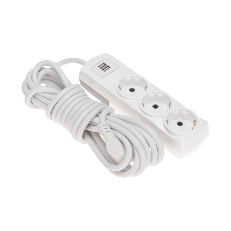 Удлинитель ПРЕМИУМ 3 гнезда, 5м, 3х1,5мм², с/з, 2 USB-разъема, белый REXANT — фото