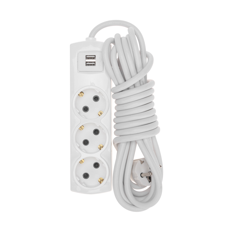 Удлинитель ПРЕМИУМ 3 гнезда, 5м, 3х1,5мм², с/з, 2 USB-разъема, белый REXANT — фото
