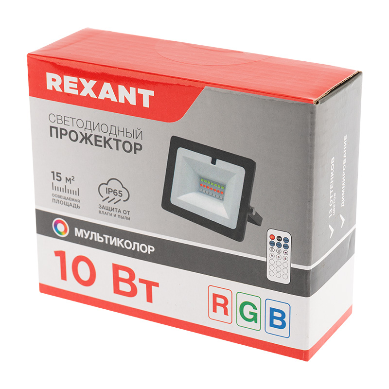 Прожектор цветного свечения мультиколор (RGB) 10Вт с пультом ДУ REXANT — фото