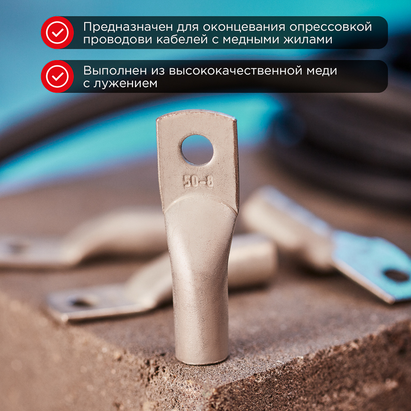 Наконечник медный луженый ТМЛ 50–8–11 (50мм² - Ø8мм) ГОСТ 7386-80 (в упак. 50 шт.) REXANT — фото