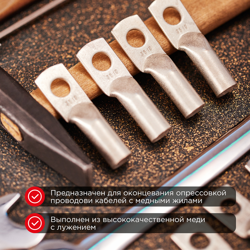 Наконечник медный луженый ТМЛ 35–10–10 (35мм² - Ø10мм) ГОСТ 7386-80 (в упак. 50 шт.) REXANT — фото