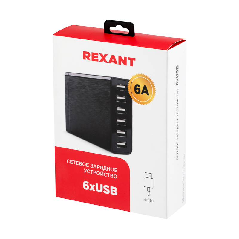 Сетевое зарядное устройство 6хUSB, 1000мА, черное REXANT — фото
