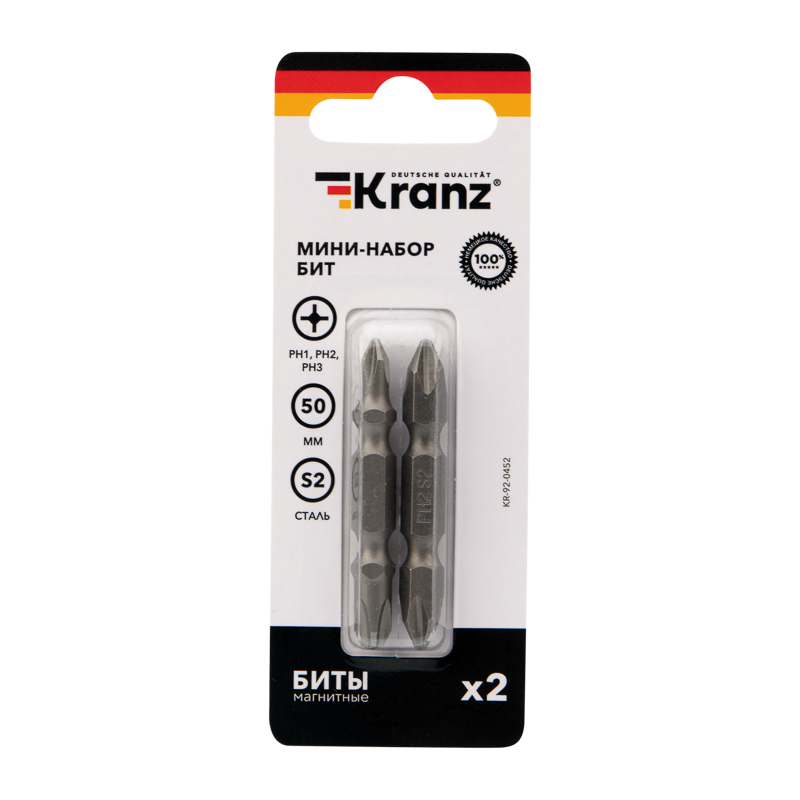 Мини-набор бит двухсторонних PH2xPH2, PH1xPH3-50 мм (2 биты на блистере) KRANZ — фото