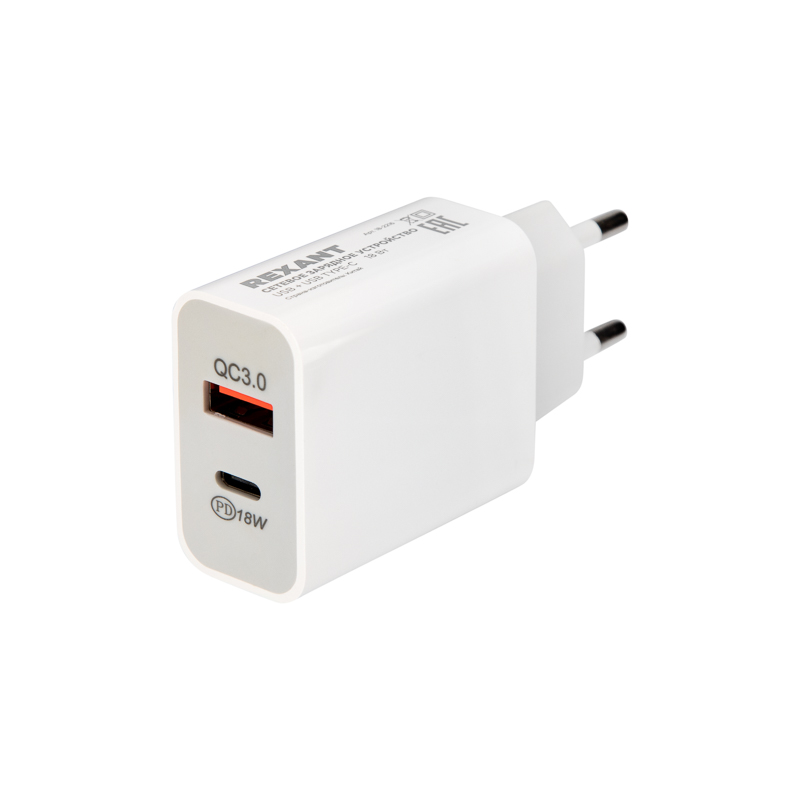 Сетевое зарядное устройство USB-A+USB-C адаптер, 18Вт белое REXANT — фото