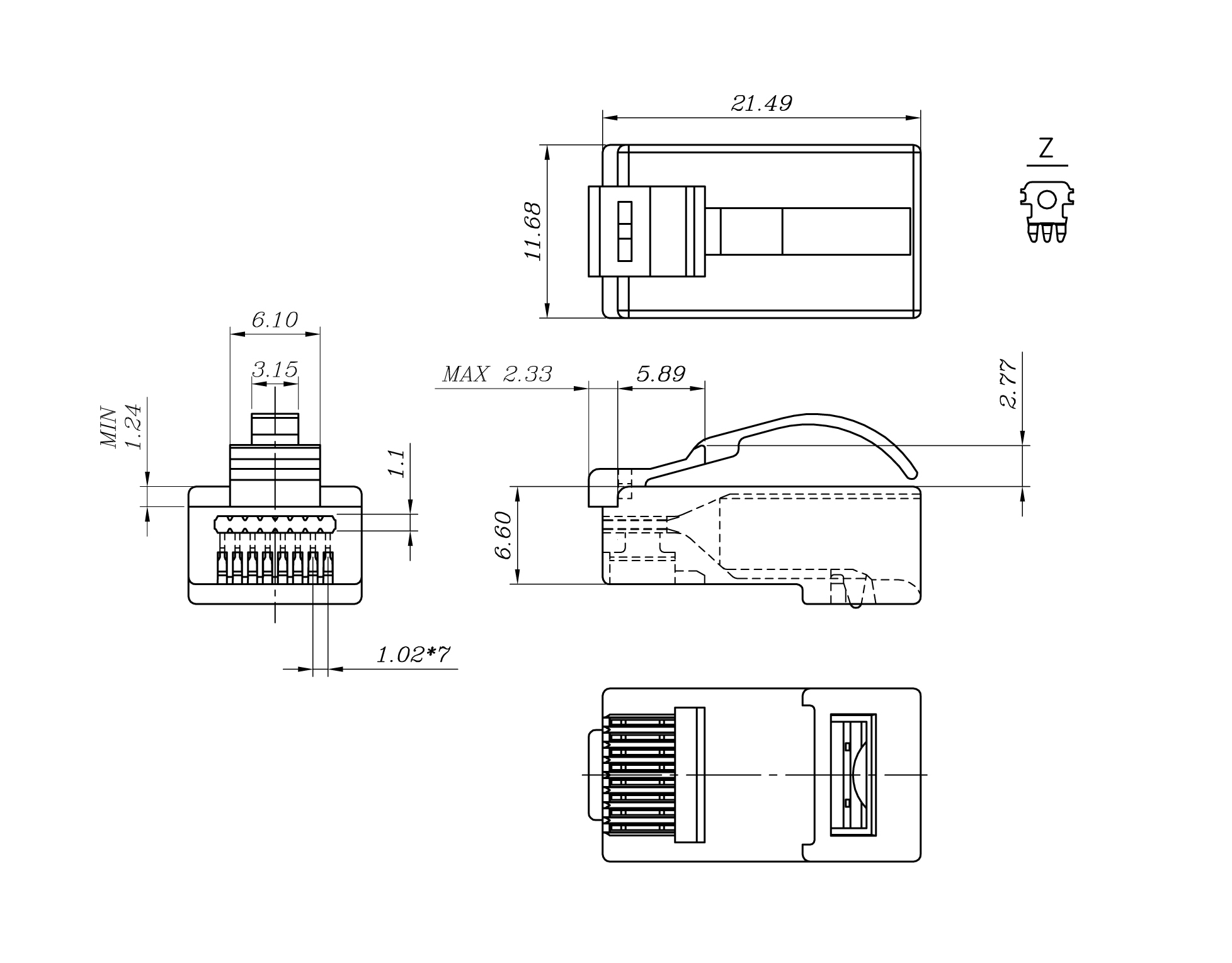 Hyperline PLEZ-8P8C-UA-C6-100 Разъем легкой оконцовки RJ-45 (8P8C) под витую пару, язычок Arch, категория 6 (50 µ"/ 50 микродюймов), универсальный (для одножильного и многожильного кабеля) (100 шт.) — фото