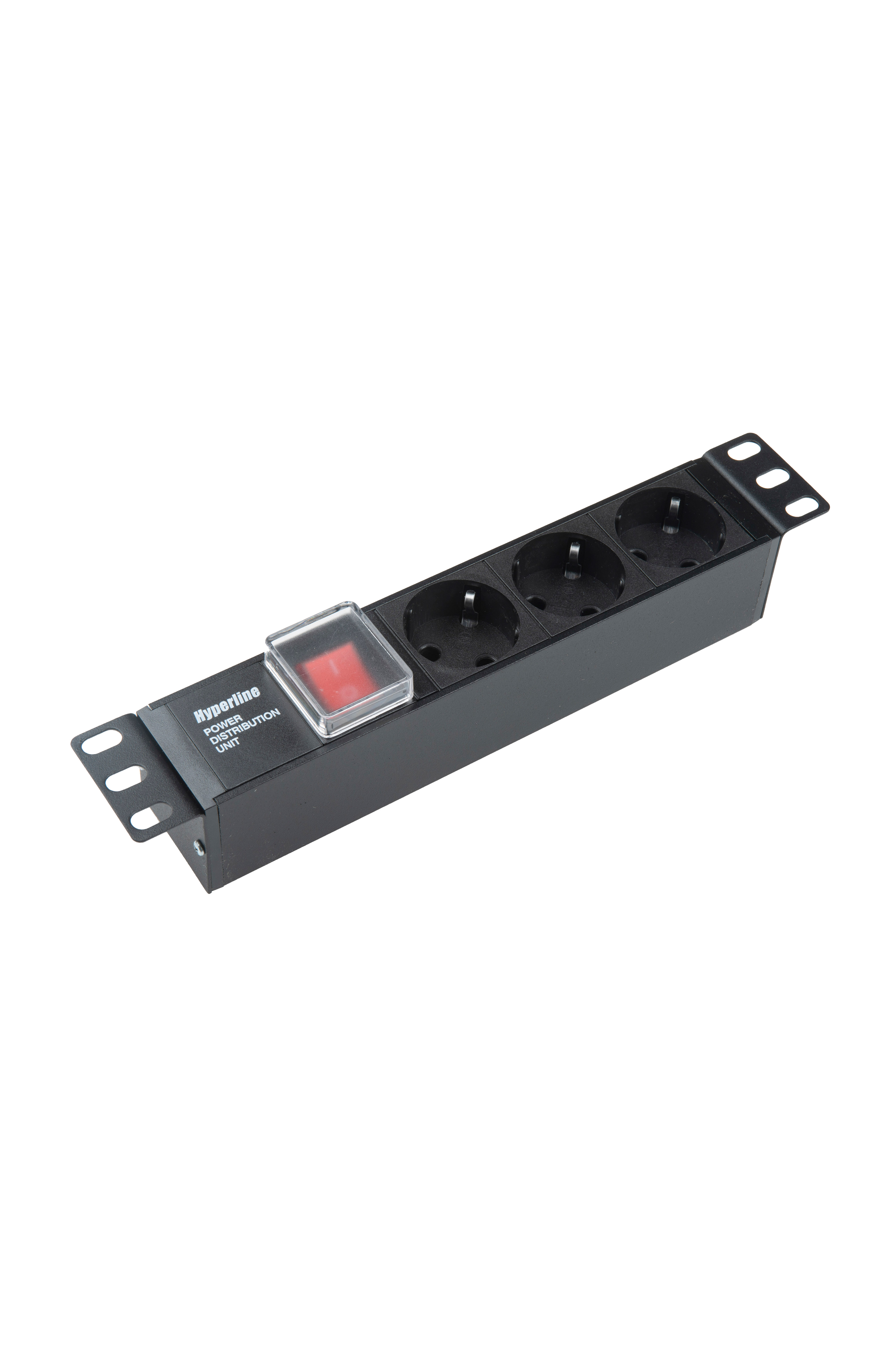 Hyperline SHE10-3SH-S-IEC Блок розеток/PDU 10", 3 розетки Schuko, выключатель с подсветкой, входной разъем IEC 60320 C14, без кабеля питания, 10А, 230В, чёрный, 270х44.4х44.4мм
