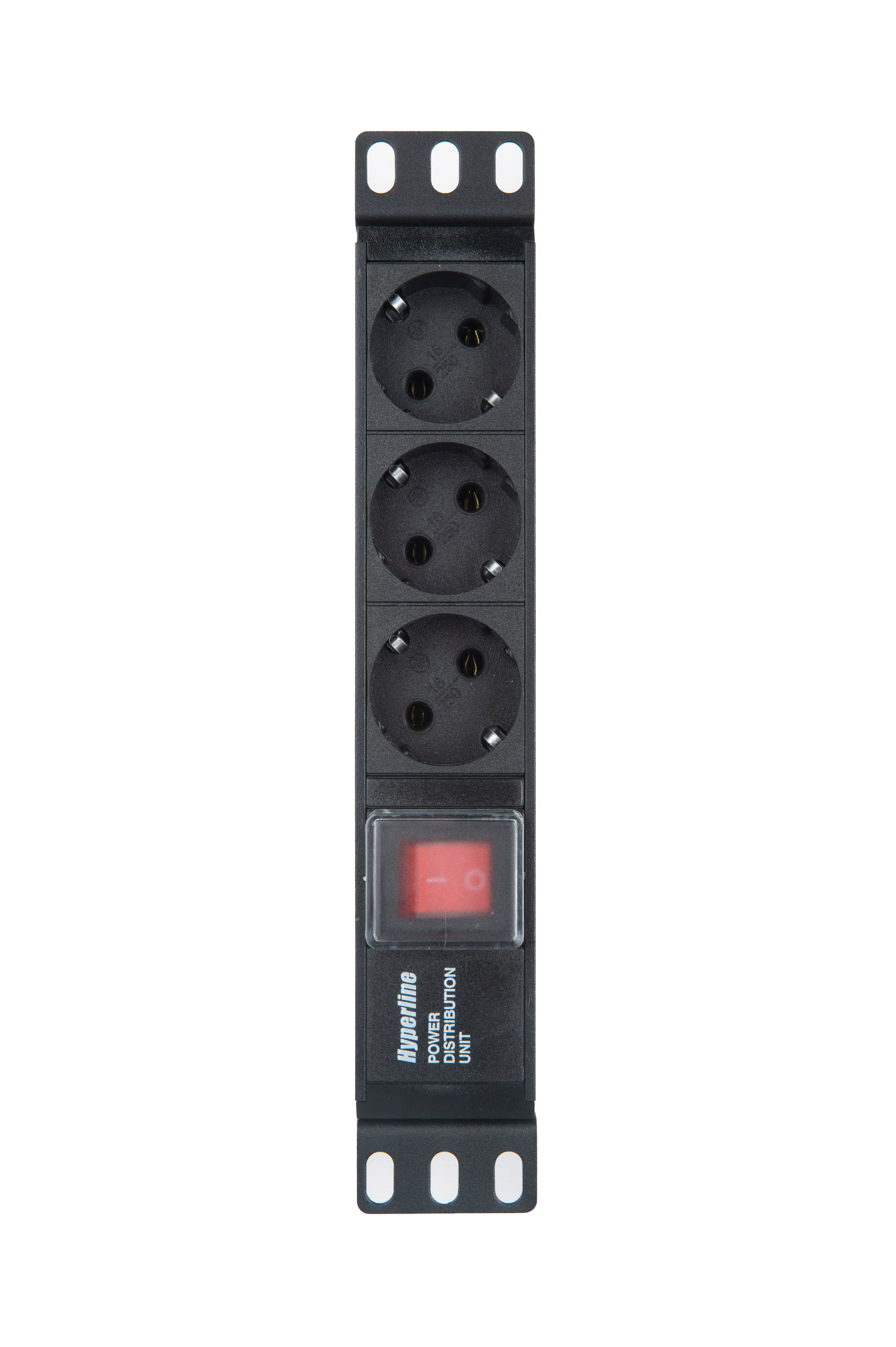 Hyperline SHE10-3SH-S-IEC Блок розеток/PDU 10", 3 розетки Schuko, выключатель с подсветкой, входной разъем IEC 60320 C14, без кабеля питания, 10А, 230В, чёрный, 270х44.4х44.4мм — фото