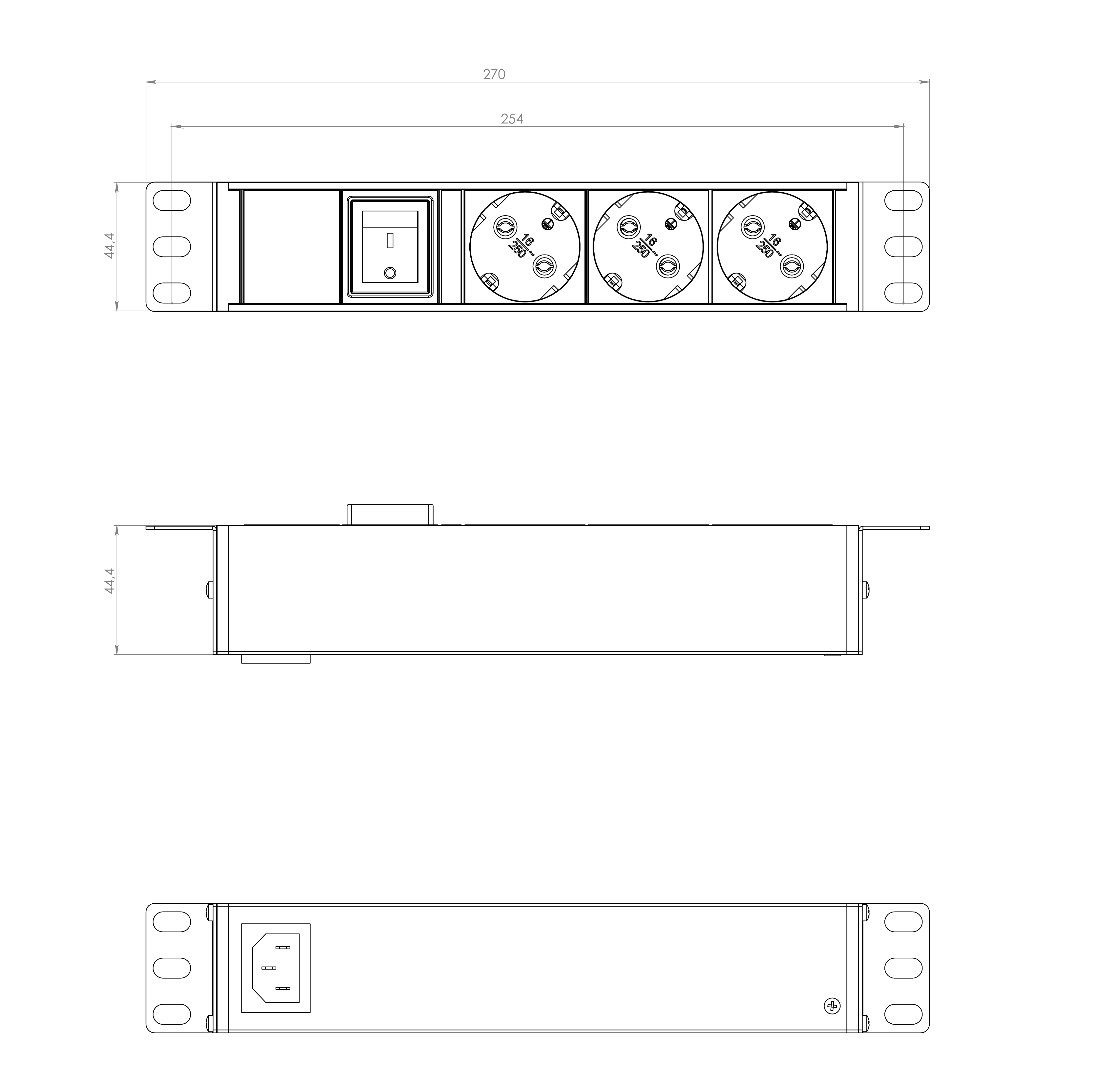 Hyperline SHE10-3SH-S-IEC Блок розеток/PDU 10", 3 розетки Schuko, выключатель с подсветкой, входной разъем IEC 60320 C14, без кабеля питания, 10А, 230В, чёрный, 270х44.4х44.4мм — фото