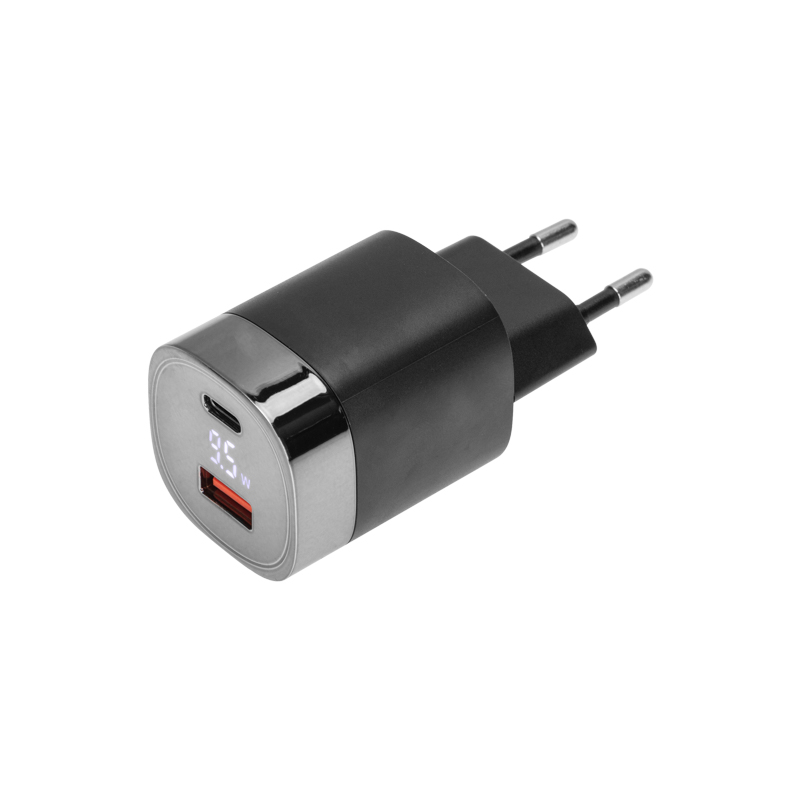 Сетевое зарядное устройство USB QC (30Вт) + Type C PD (33Вт), с дисплеем, черное REXANT — фото