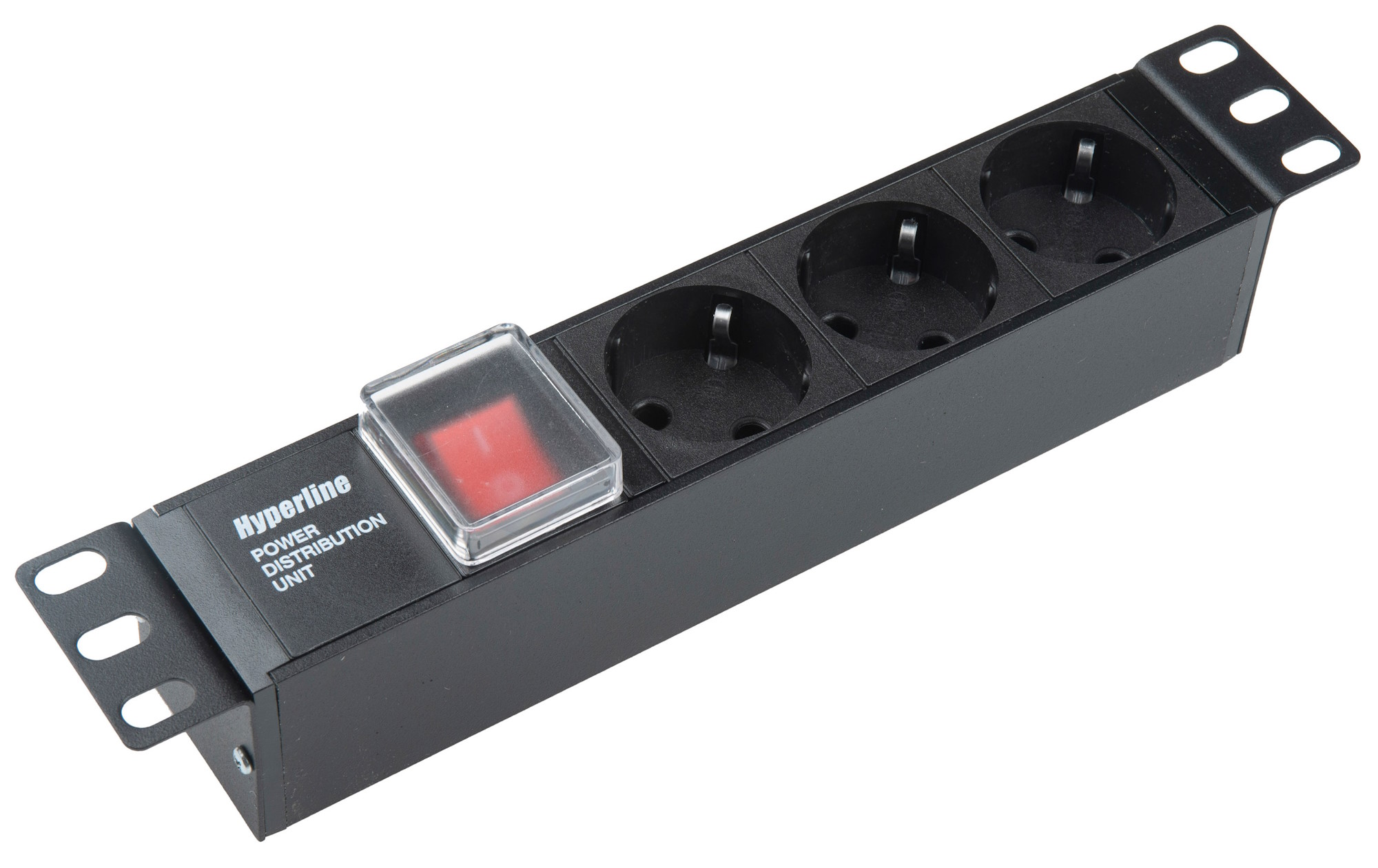 Hyperline SHE10-3SH-S-IEC Блок розеток/PDU 10", 3 розетки Schuko, выключатель с подсветкой, входной разъем IEC 60320 C14, без кабеля питания, 10А, 230В, чёрный, 270х44.4х44.4мм — фото