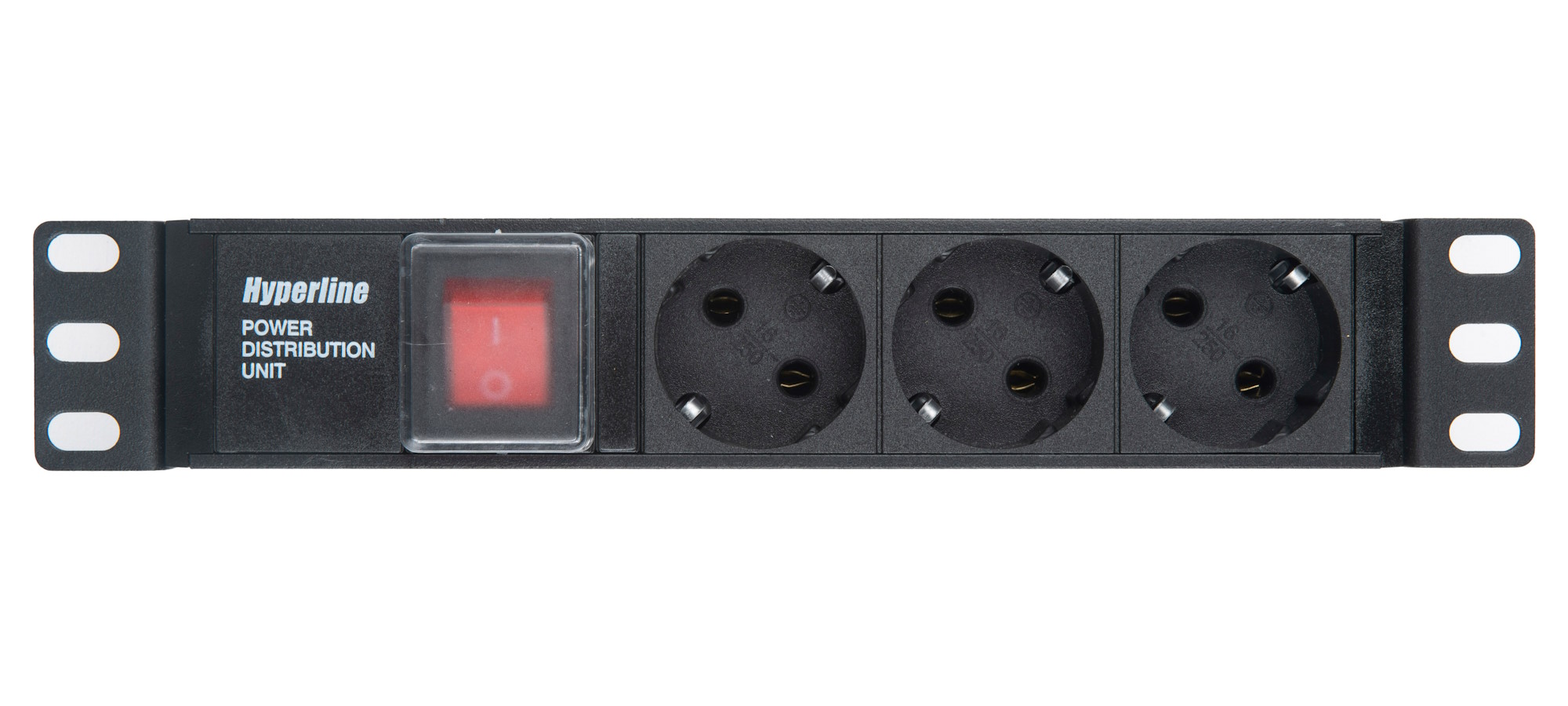Hyperline SHE10-3SH-S-IEC Блок розеток/PDU 10", 3 розетки Schuko, выключатель с подсветкой, входной разъем IEC 60320 C14, без кабеля питания, 10А, 230В, чёрный, 270х44.4х44.4мм — фото
