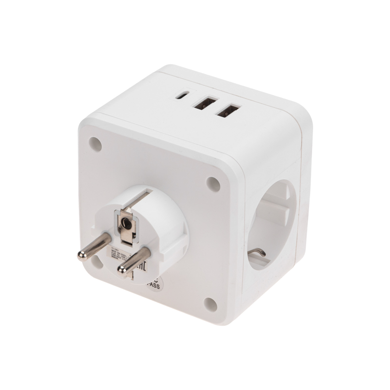 Двойник электрический Куб 16А с/з, 2 разъема USB-A 2,4А, 1 разъем USB-C 3А, с ночной подсветкой, белый REXANT — фото