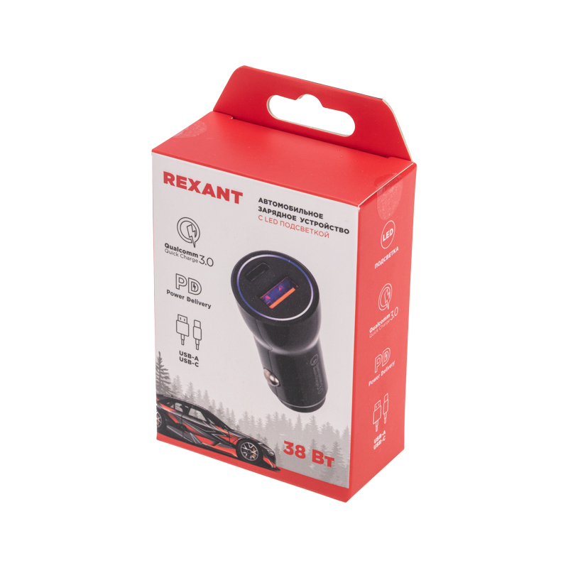 Автозарядка в прикуриватель АЗУ USB-A (QC 3.0)+USB-C (PD), 38Вт черная REXANT — фото