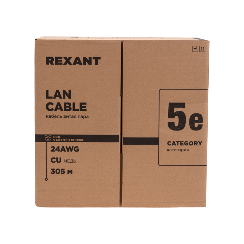 Кабель витая пара U/UTP, CAT 5e, PE, 4PR, 24AWG, внешний, однопроволочный, черный, 305м, РФ REXANT — фото