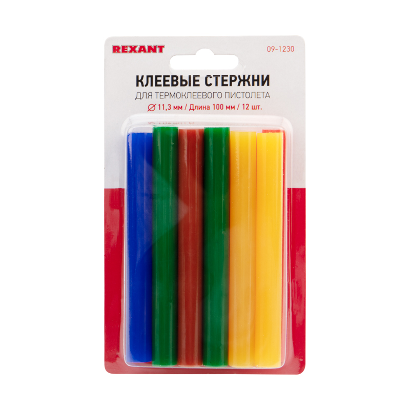 Стержни клеевые Ø11мм, 100мм, цветные (12 шт/уп), блистер REXANT — фото