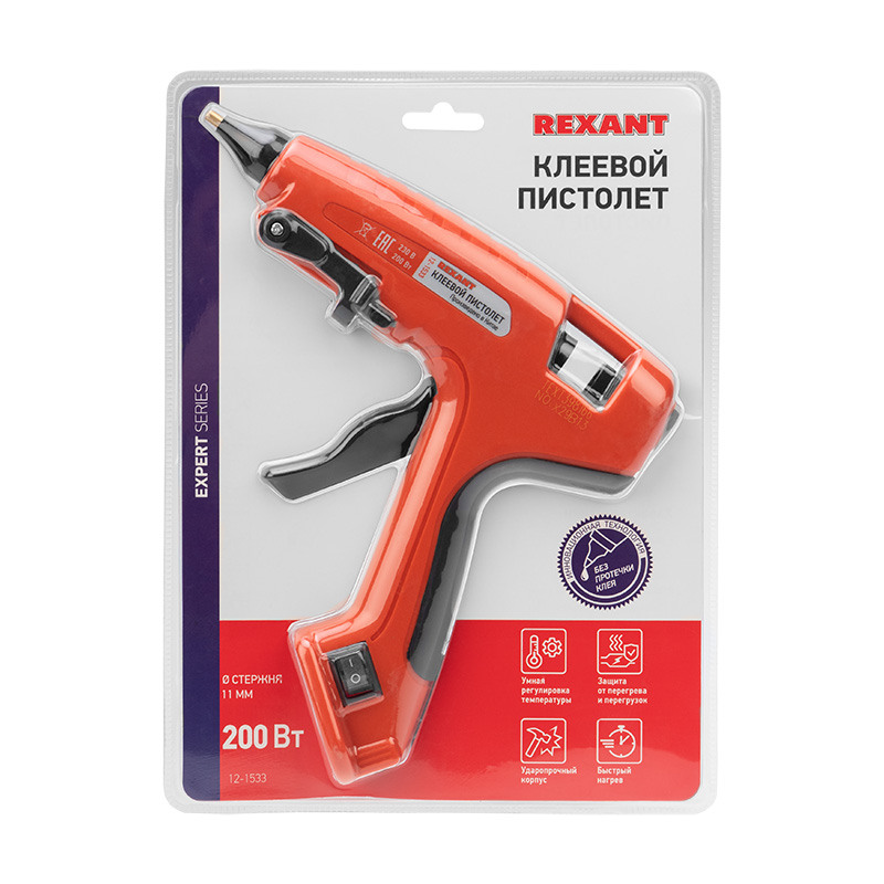 Пистолет клеевой, 200Вт, Ø11мм, ЭКСПЕРТ, блистер REXANT — фото