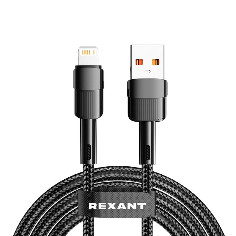 Кабель USB-A – Lightning, 2,4А, 1м, в черной нейлоновой оплетке REXANT — фото
