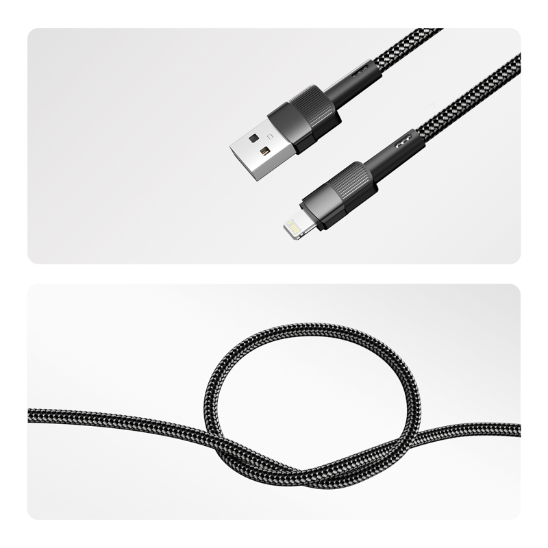 Кабель USB-A – Lightning, 2,4А, 1м, в черной нейлоновой оплетке REXANT — фото