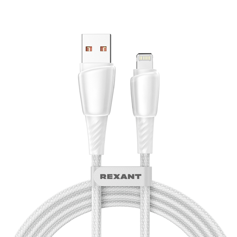 Кабель USB-A – Lightning, 2,4А, 1м, в белой нейлоновой оплетке REXANT — фото