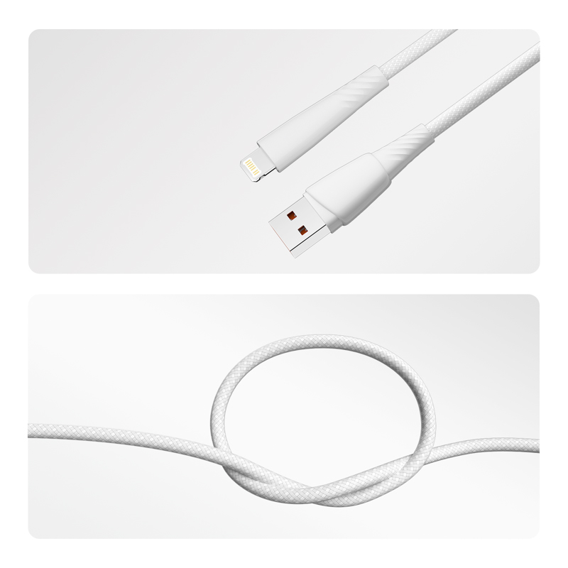 Кабель USB-A – Lightning, 2,4А, 1м, в белой нейлоновой оплетке REXANT — фото
