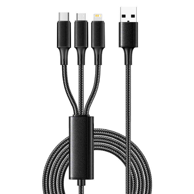 Кабель USB 3в1 Type-С (6A), Lightning (2,4A), micro USB (3A) 1,2м, в черной оплетке REXANT — фото