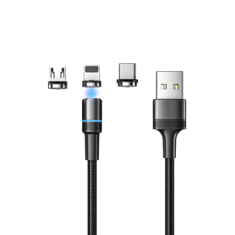 Кабель USB 3в1 со съемными магнитными портами, Type-С (2A), Lightning (2,4A), Micro USB (2A), 1,2м, в черной оплетке, с LED подсветкой REXANT — фото