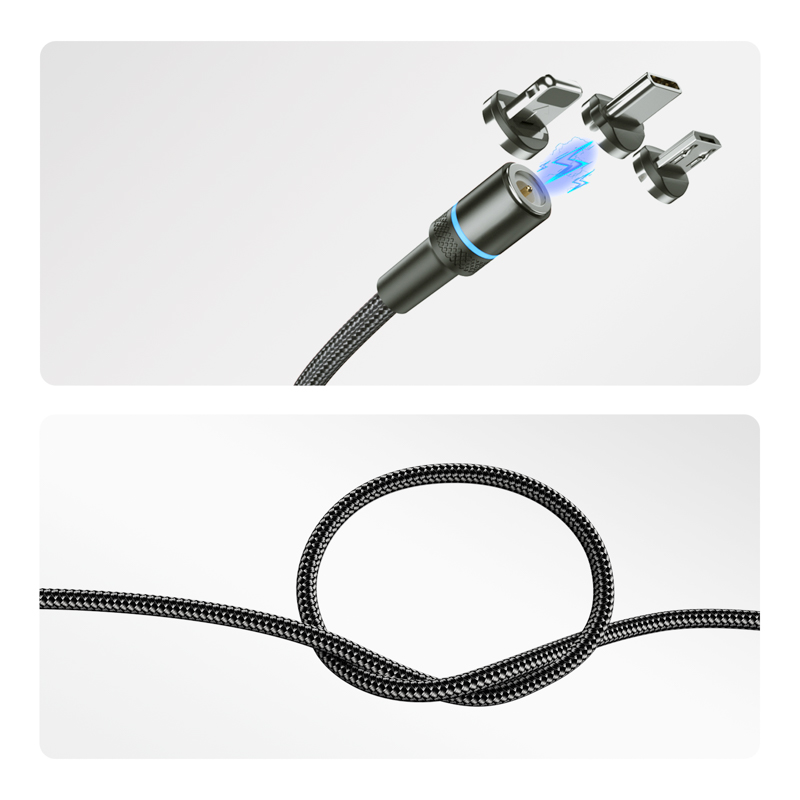 Кабель USB 3в1 со съемными магнитными портами, Type-С (2A), Lightning (2,4A), Micro USB (2A), 1,2м, в черной оплетке, с LED подсветкой REXANT — фото