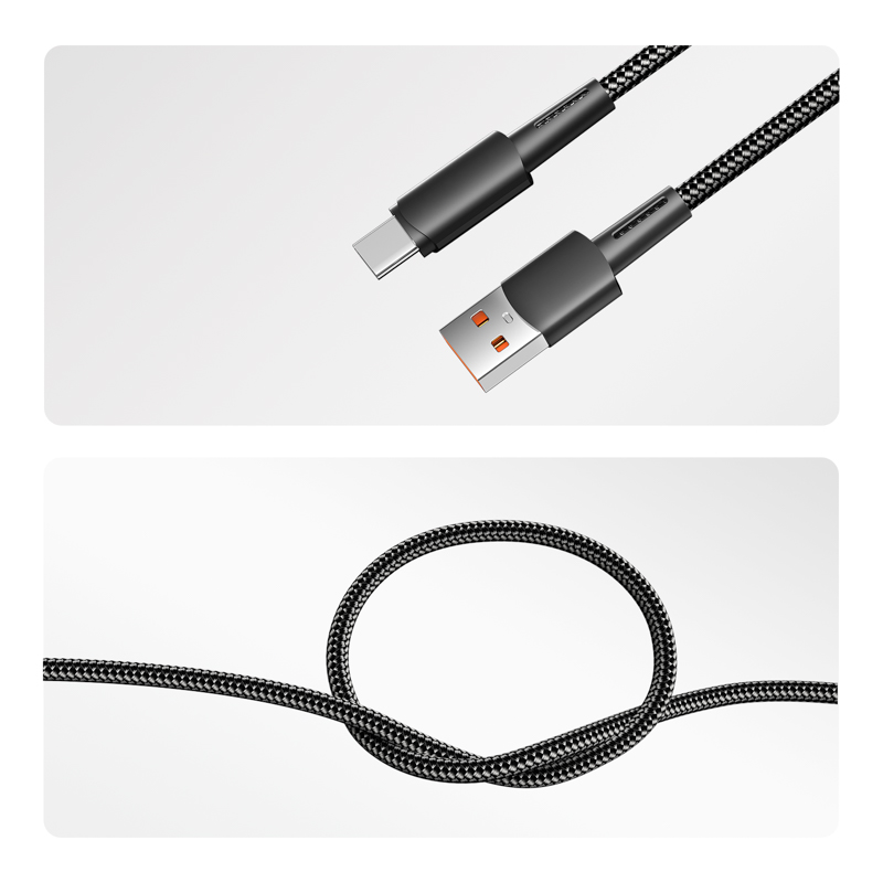 Кабель USB-A – Type-C, 6А, 120Вт, 1м, в черной нейлоновой оплетке REXANT — фото