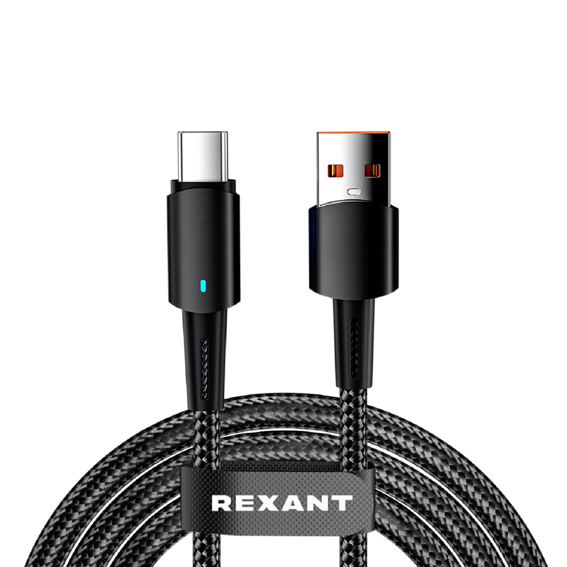 Кабель USB-A – Type-C, 6А, 66Вт, 1м, в черной нейлоновой оплетке, со световой индикацией REXANT — фото