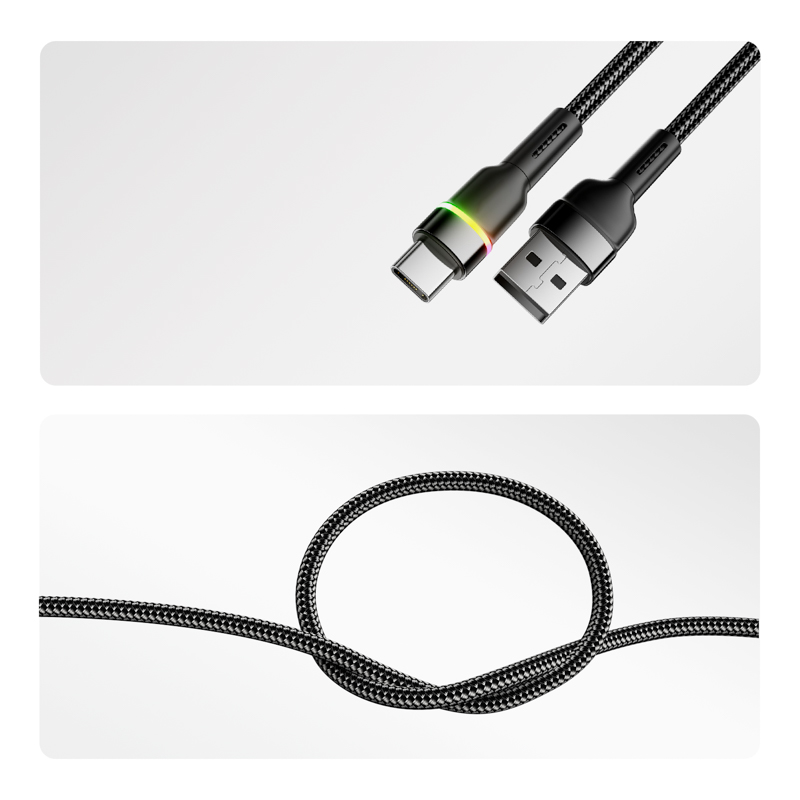 Кабель USB-A – Type-C, 3А, 18Вт, 1м, в черной нейлоновой оплетке, с LED подсветкой REXANT — фото