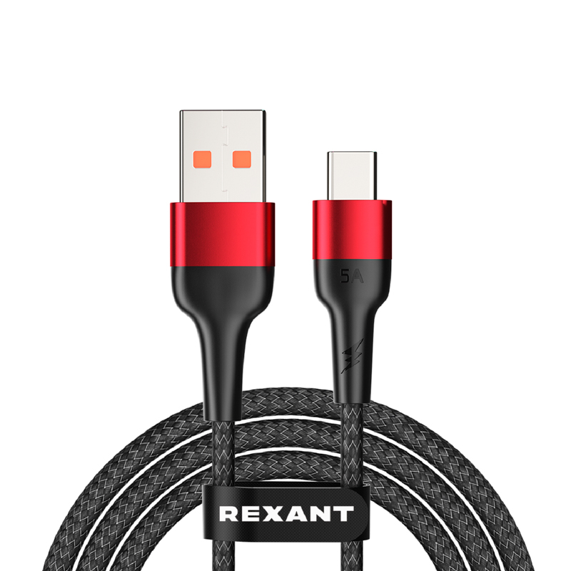 Кабель USB-A – Type-C, 5А, 50Вт, 1м, в черной нейлоновой оплетке REXANT — фото