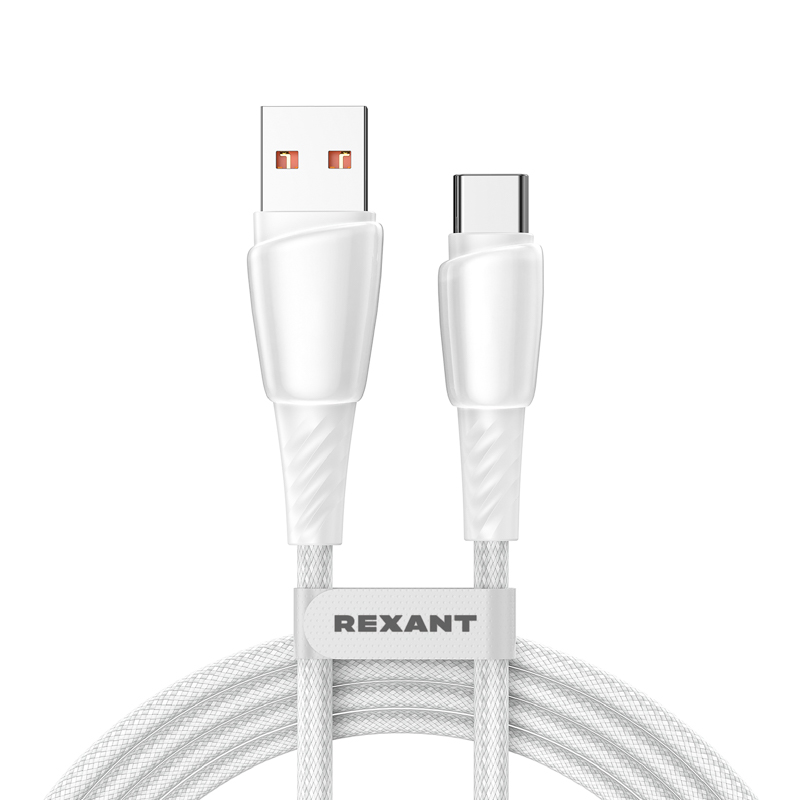 Кабель USB-A – Type-C, 5А, 100Вт, 1м, в белой нейлоновой оплетке REXANT — фото