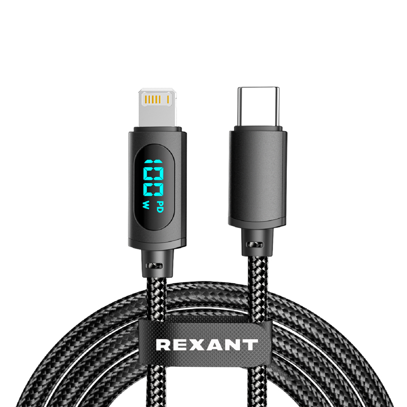 Кабель Type-C – Lightning, 3А, 1м, в черной нейлоновой  оплетке, с LED-дисплеем REXANT — фото