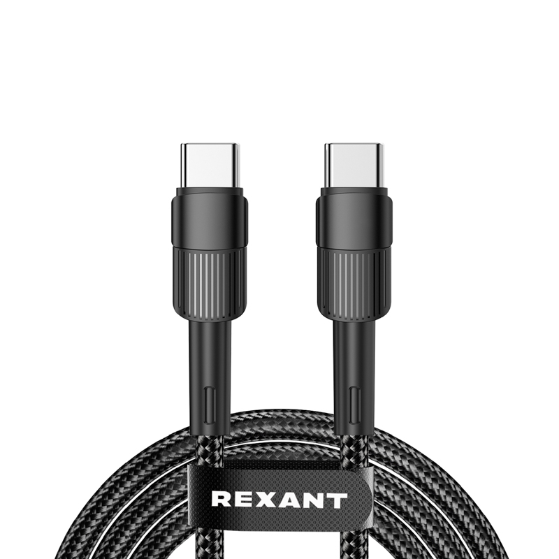 Кабель Type-C – Type-C, 3A, 60Вт, 1м, в черной нейлоновой оплетке REXANT — фото