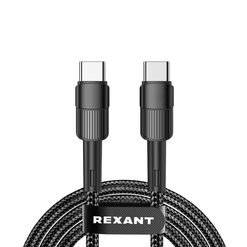 Кабель Type-C – Type-C, 5A, 100Вт, 1м, в черной нейлоновой оплетке REXANT — фото