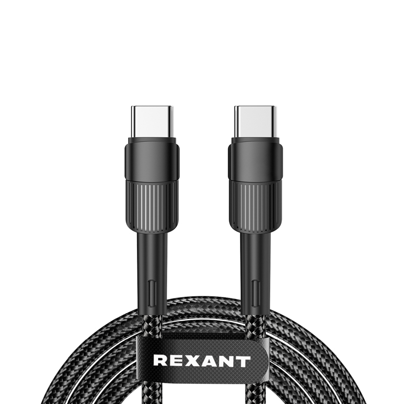 Кабель Type-C – Type-C, 5A, 100Вт, 2м, в черной нейлоновой оплетке REXANT — фото