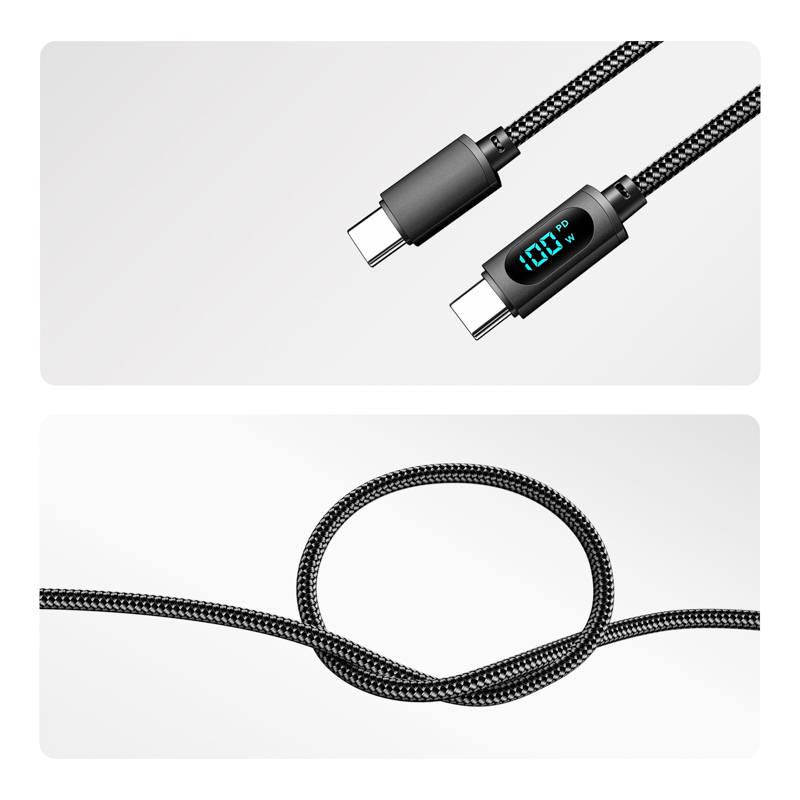 Кабель Type-C – Type-С, 5A, 100Вт, 1м, в черной нейлоновой оплетке, с LED дисплеем REXANT — фото