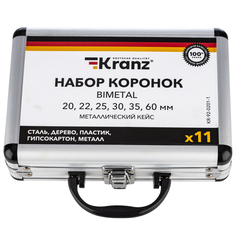 Набор биметаллических коронок (Bimetal) (20, 22, 25, 30, 35, 60), 11 предметов, металлический кейс KRANZ — фото