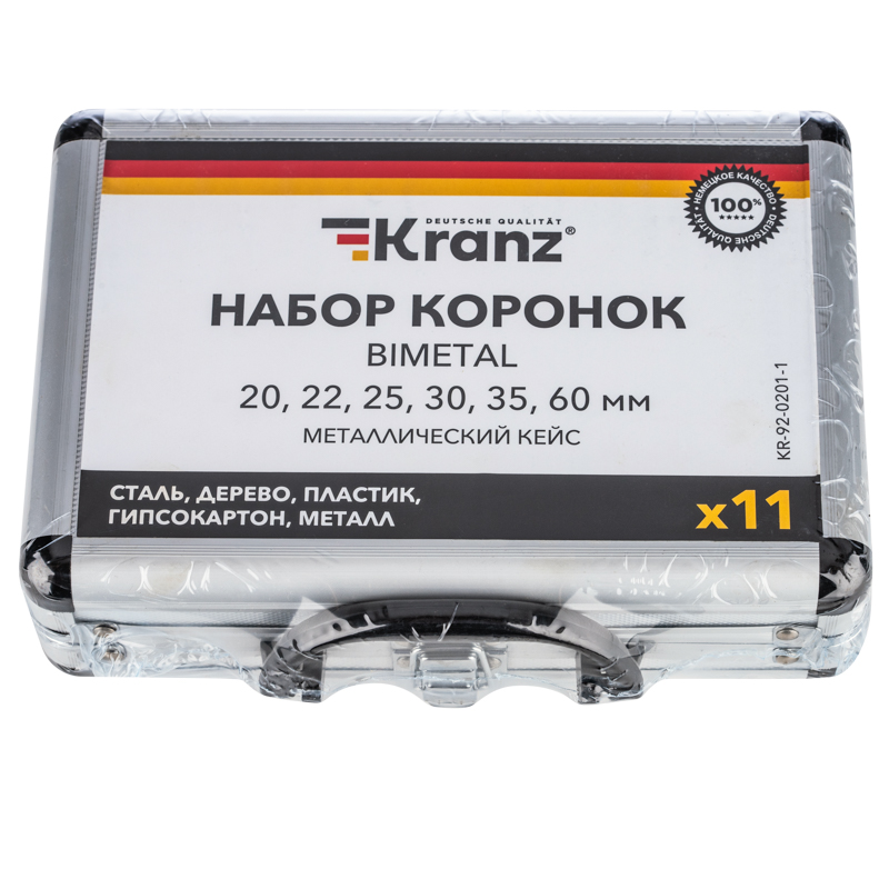 Набор биметаллических коронок (Bimetal) (20, 22, 25, 30, 35, 60), 11 предметов, металлический кейс KRANZ — фото