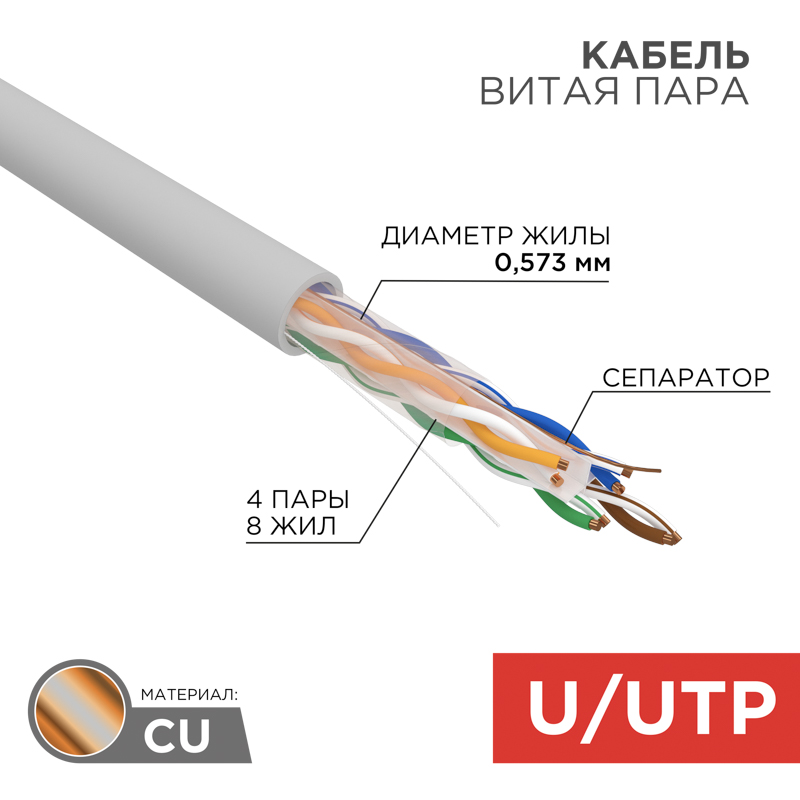 Кабель витая пара U/UTP, CAT 6A, LSZH нг(А)-HF, 4PR, 23AWG, внутренний, однопроволочный, серый, 305м REXANT ПРОЕКТ