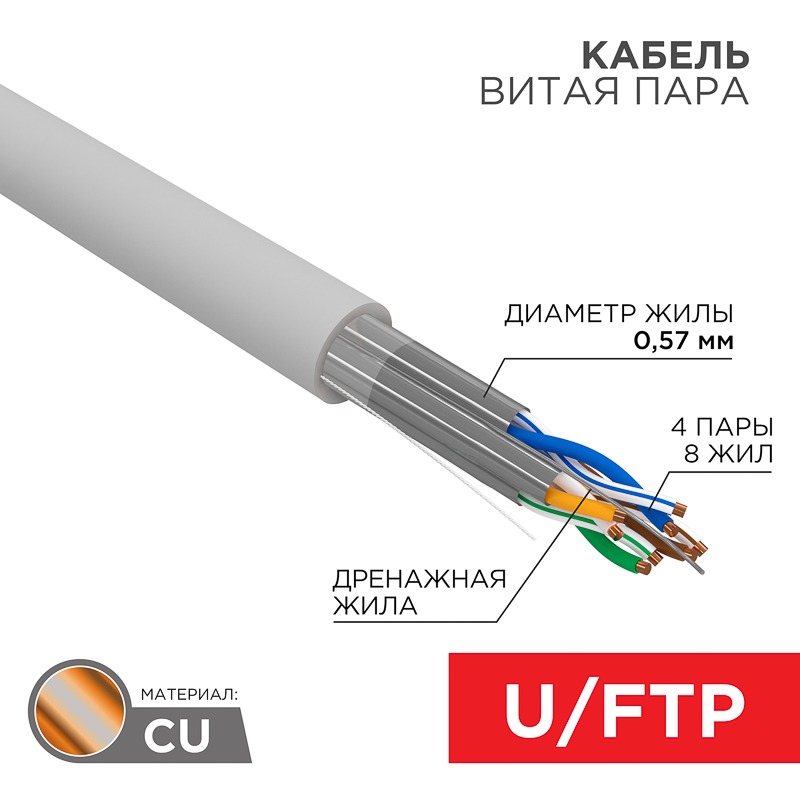 Кабель витая пара U/FTP, CAT 6A, LSZH нг(А)-HF, 4PR, 23AWG, внутренний, однопроволочный, серый, 305м REXANT ПРОЕКТ — фото