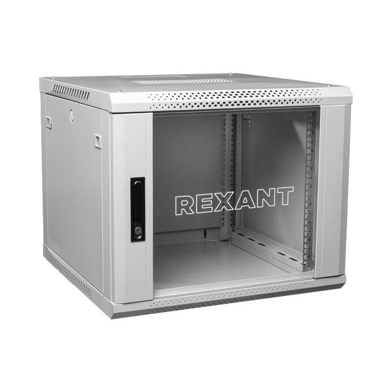 Шкаф телекоммуникационный настенный 19" 9U 600×600мм, дверь стекло, с задней стенкой, разборный, серый RAL 7035 REXANT