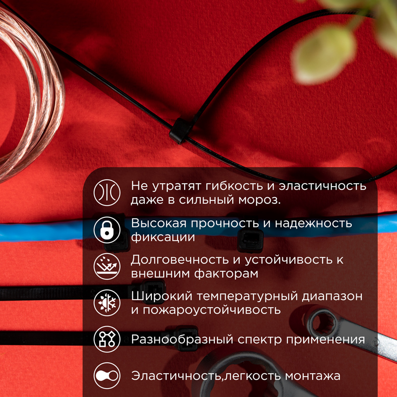 Стяжка нейлоновая морозостойкая 300x4,8мм, черная (100 шт/уп) REXANT — фото
