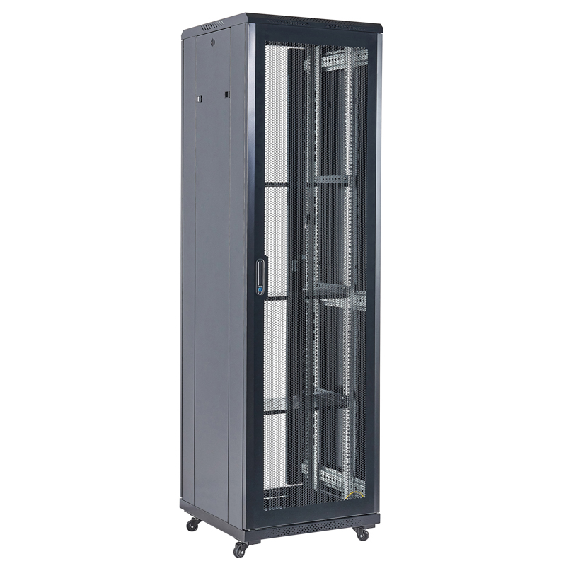 Шкаф телекоммуникационный напольный 19" 42U 600×800х2054мм, дверь перфорация, перфорированная задняя дверь, разборный, черный (RAL 9005) REXANT