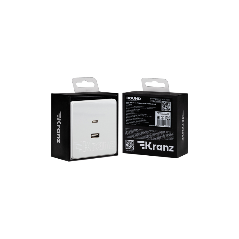 Розетка ROUND USB-A+Type-C 3А с функцией быстрой зарядки перламутр KRANZ — фото