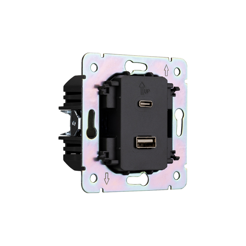Розетка ROUND USB-A+Type-C 3А с функцией быстрой зарядки шелк KRANZ — фото