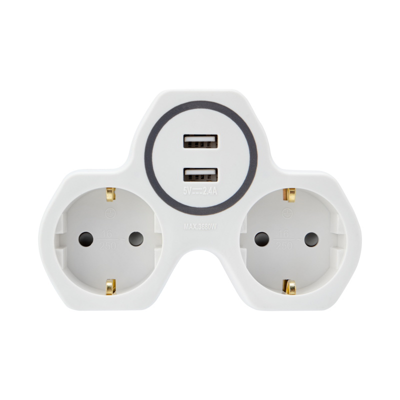 Двойник электрический 16А с/з и защитными шторками и 2 USB-разъема, 2,4 А, белый REXANT — фото