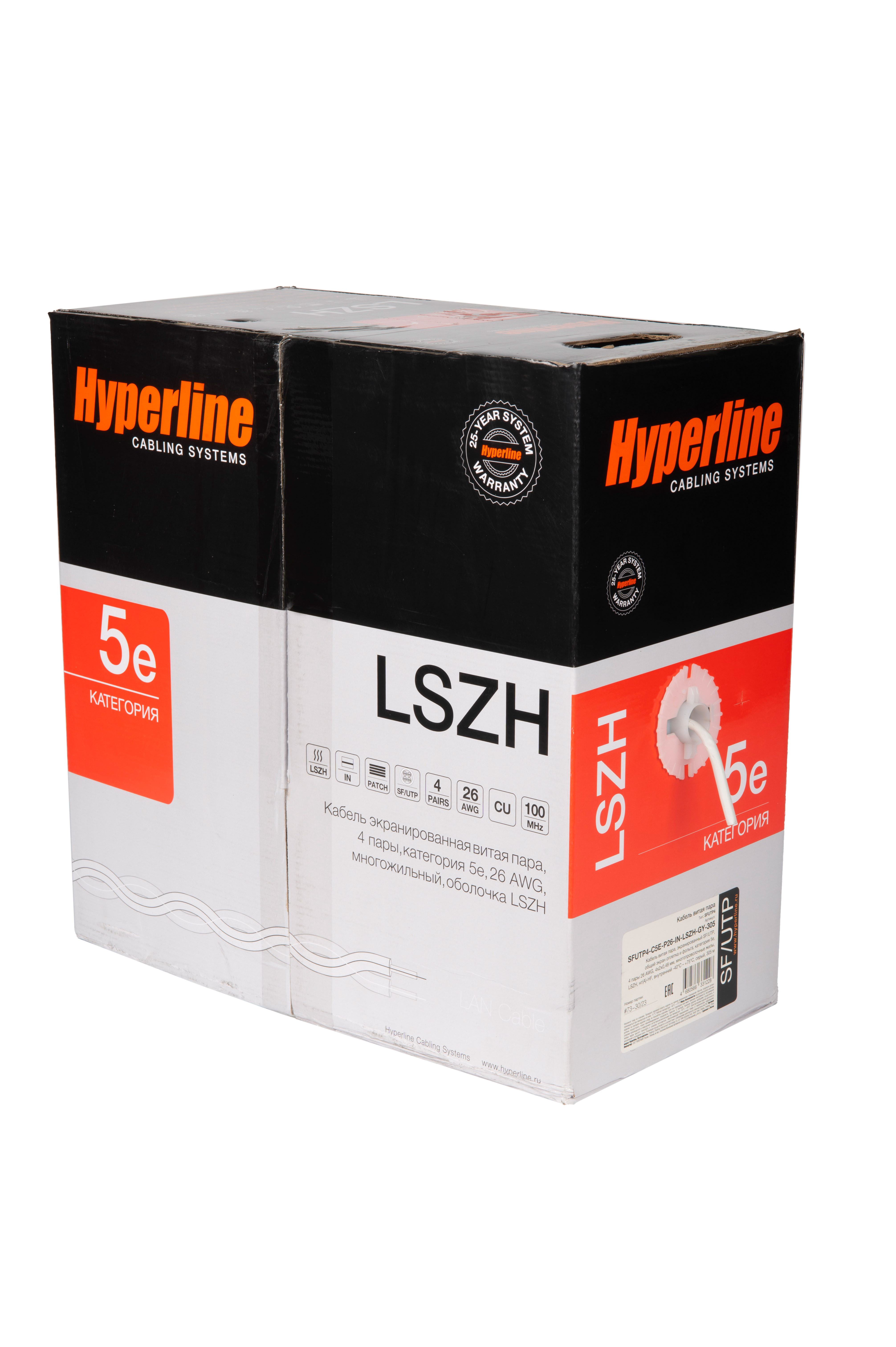 Hyperline SFUTP4-C5E-P26-IN-LSZH-GY-305 (305 м) Кабель витая пара, экранированный SF/UTP, общий экран оплетка и фольга, категория 5e, 4 пары 26 AWG, 4х2х0,48 мм, многопроволочные жилы, LSZH, нг(А)-HF, внутренний -40°C – +75°C, серый — фото